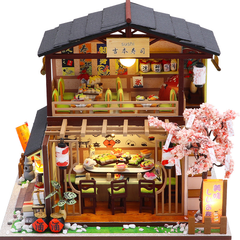 Model Kit House - DIY 木製ミニチュアモデルキット日本の寿司屋カーサドールハウス 3D パズルドールハウス家具ライト付き友人ギフト用
