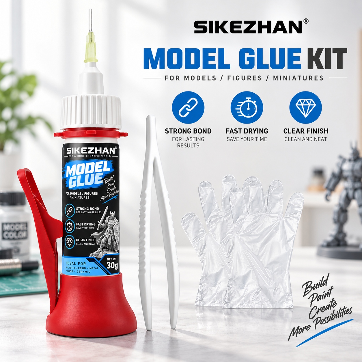 Model Kit Figure - SIKEZHAN モデル用接着剤 30g。精密な針状の接着剤と、ミニチュアフィギュア、プラスチック、樹脂、金属、木材などに使用できるピンセットと手袋がセットになったキット。